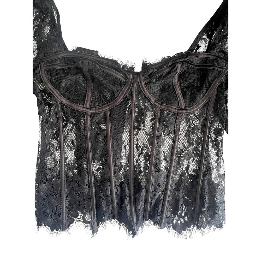 Black Sheer Lace Corset Top Boned Bustier Gothic Coquette Witchy Fairy Grunge M - Picture 11 of 13